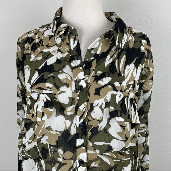 Chico's Olive Tan White Floral Semi Sheer Long Sleeve Top 4 - Picture 3 of 9